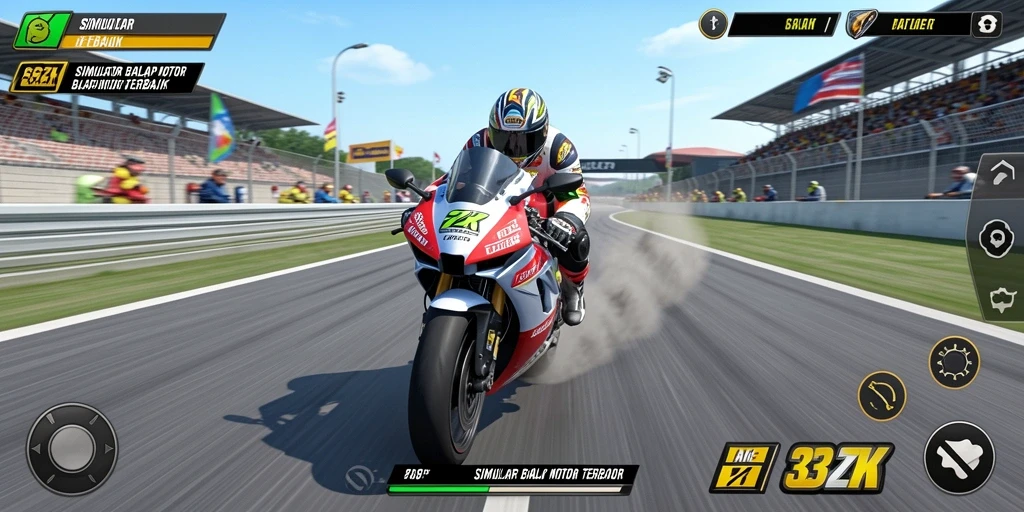 Screenshot 33ZK menunjukkan balapan motor yang seru dan mendebarkan.