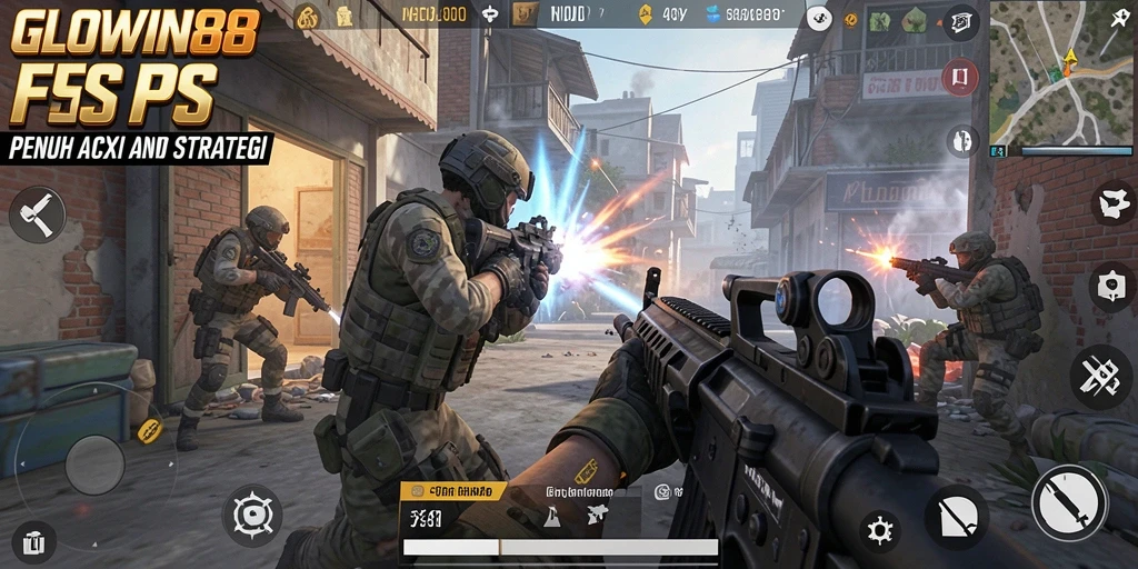 Screenshot GLOWIN88 menampilkan aksi tembak-menembak yang seru dalam pertempuran FPS.