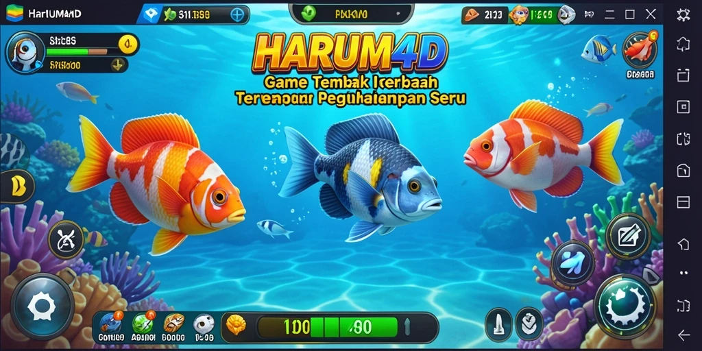 Tampilan gameplay HARUM4D menampilkan aksi menembak ikan yang seru dan penuh warna.