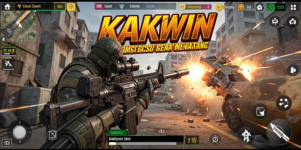 Screenshot utama KAKWIN menampilkan aksi tembak-menembak yang intens.