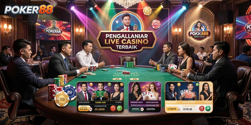 Screenshot POKER88 menampilkan dealer langsung dan pemain nyata di meja poker.