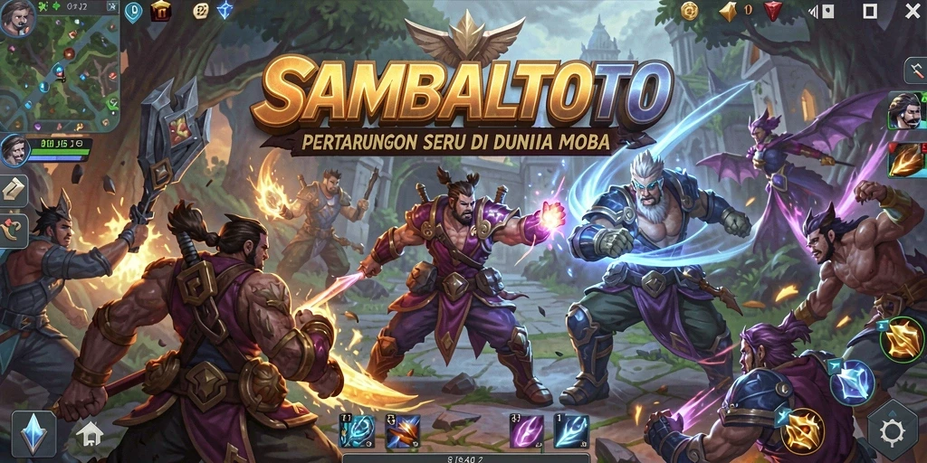 Screenshot utama gameplay pertarungan MOBA yang seru.